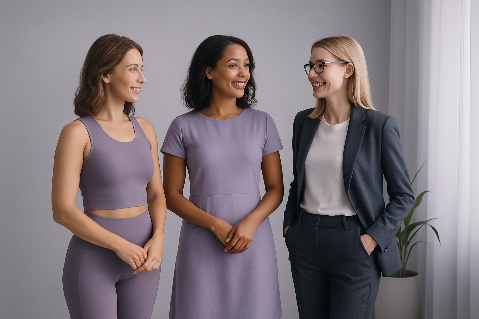Three different creative professionals standing together in a calm modern studio